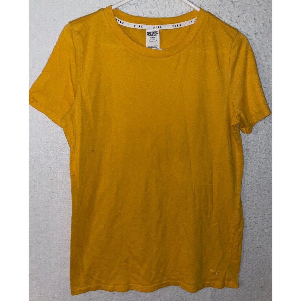 Victoria Secret PINK T Shirt Crew Neck Short Sleeve Womens M Tee Cotton Yellow